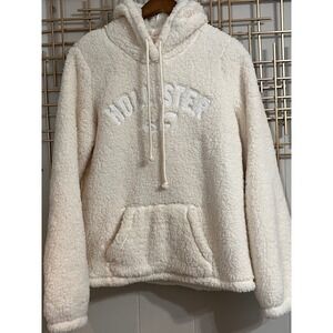 Hollister Cream Sherpa Hoodie Sweatshirt‎ Womens Medium Pullover Fluffy Soft